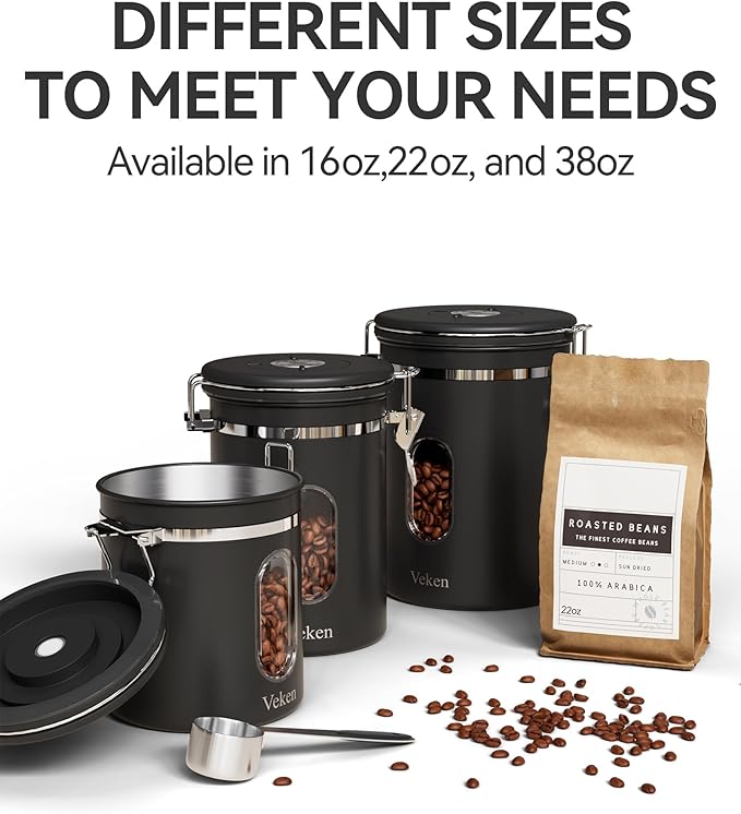Veken Coffee Canister with Window, Airtight Stainless Steel Kitchen Food Storage Container with Lids, Date Tracker and Scoop for Grounds Coffee, Beans, Tea, Flour, Cereal, Sugar Jars, 16OZ, Black