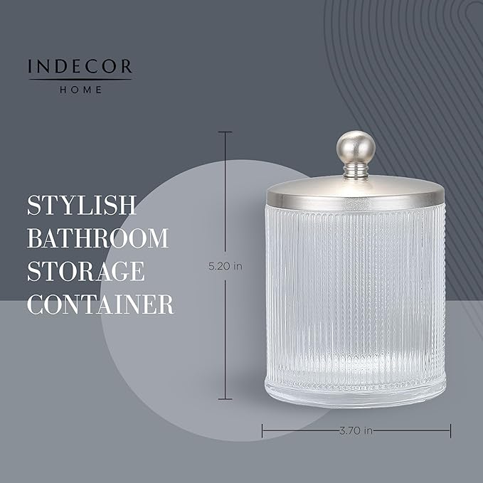 Glass Jar with Metal Lid for Bathroom Organization, Clear Apothecary Jar for Cotton Balls, Q Tips, and Small Accessories, Stylish Bathroom Storage Container Nickel, Clear