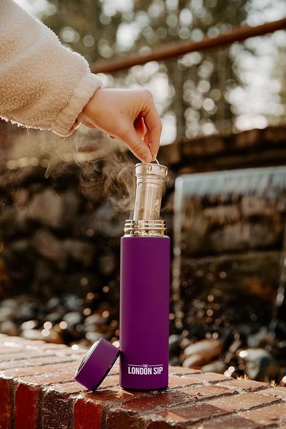 London Sip Multi-Purpose Travel Mug and Tumbler Fruit Infused Flask Hot and Cold Double Wall Stainless Steel Thermos with Extra-Long Infuser, Purple