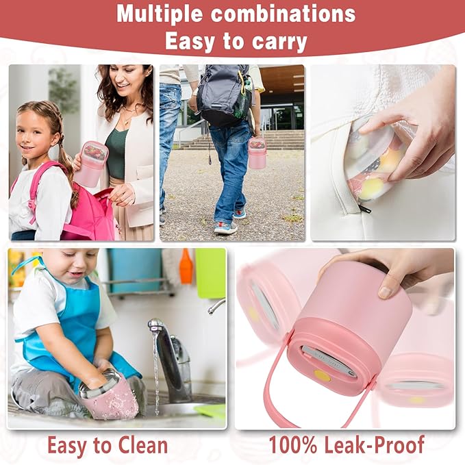 2 - in - 1 Soup Thermo for Hot Food 14oz with Snack Box Container Leak Proof Insulated Lunch Container Kids and Adults Stainless Steel Double Wall Vacuum Wide-mouth Thermal with Spoon and Handle