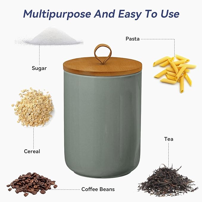Large Ceramic Storage Jars, Modern Elegant Highly Polished Airtight Gorgeous Storage Canisters with Wooden Lid Food Storage Jar for Kitchen Spice Tea Vanilla Sugar Coffee Beans (Light grey)