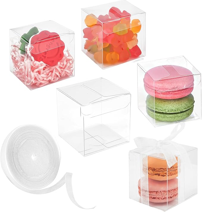 100 Pack 2x2x2 Inches Clear Favor Boxes with Ribbons, Mini Transparent Cube Treat Boxes for Candy & Chocolate Bomb, Plastic Individual Macaron Packaging Box for 2