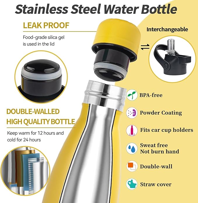 Insulated Water Bottle, 2 Pack-9oz Stainless Steel Water Bottles with straw lid, Metal Sports Water Bottles for Boys,Girls,Double Wall Vacuum BPA-Free Flask for School, Sports (Black-Yellow)