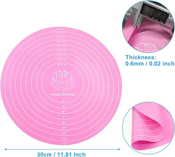 Hitefu 12 Inch Round Silicone Cake Mat, Silicone Baking Mat with Measurement for Cake Turntable & Rolling Dough (Pink)