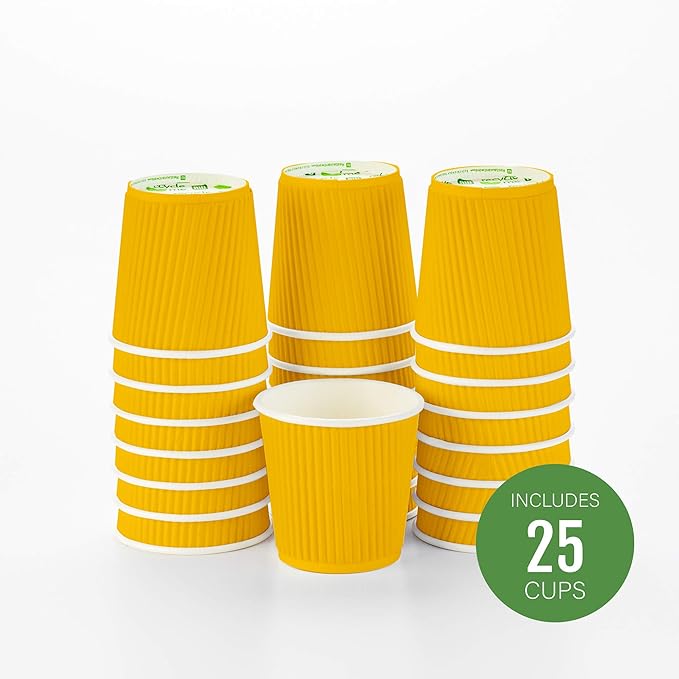 Restaurantware-4 Ounce Paper Coffee Cups, 25 Ripple Wall Disposable Paper Cups - Leakproof, Recyclable, Yellow Paper Hot Cups, Insulated, Matching Lids Sold Separately