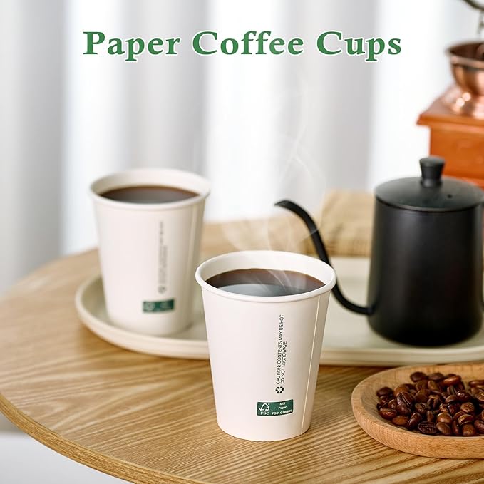 LITOPAK 200 Count 8 oz Disposable Paper Coffee Cup, White FSC Paper Hot Coffee Cups for Multiple Drinks for Office, Store, Home