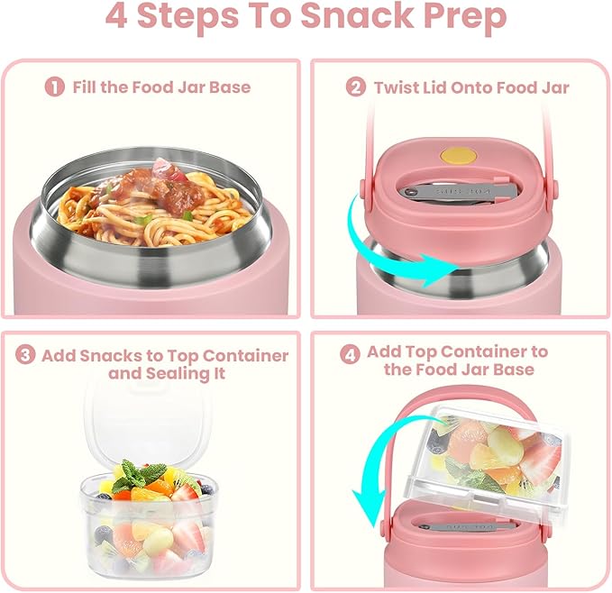2-in-1 Insulated Food Jar & Snack Container - 15oz Kids Soup Thermos for Hot Food with Handle and Spoon, Leak Proof Reusable Toddler Snack Box, Perfect for School & Travel, Pink