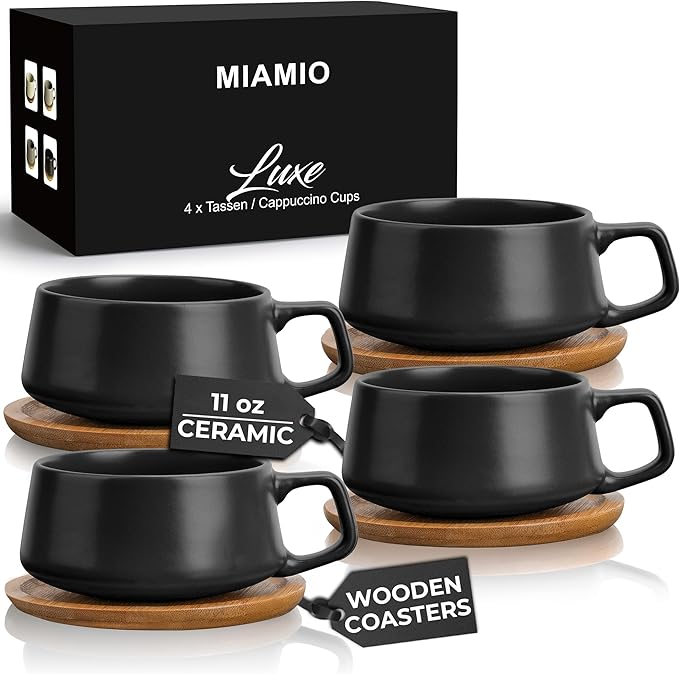 MIAMIO – 11 Oz., Set of 4 Ceramic Tea Cup and Saucer Bamboo/Tea Mug - Wide Cappuccino Cup, Coffee Cups Ceramic Mug for Cappuccino, Latte, Espresso & Americano - Luxe Collection (Black)
