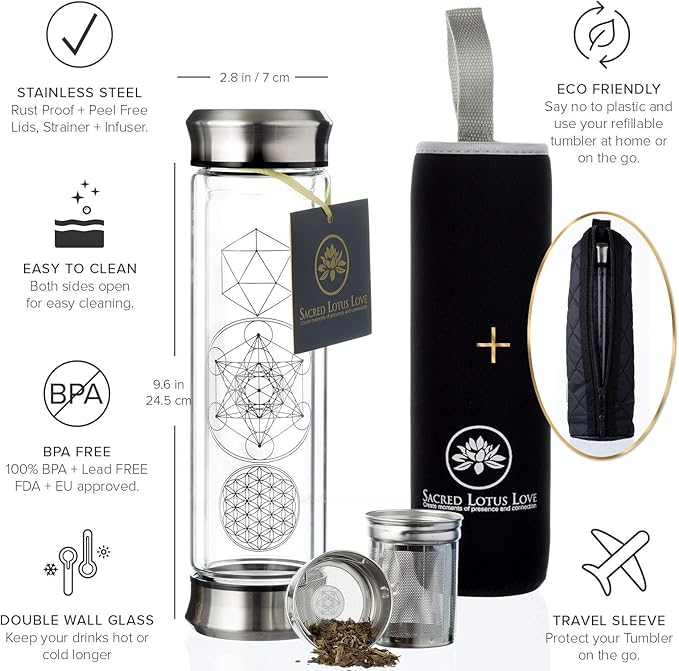 Sacred Lotus Love Double-Walled Glass Tea Infuser Bottle - Portable Travel Mug with Strainer and Sleeve for Loose Leaf Tea, Coffee, Smoothies - Insulated Tumbler with Lid for Hot and Iced Beverages