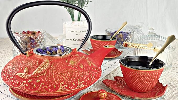 7PC Japanese Tea Set."Red Koi" Cast Iron Tea Pot with 2 Tea Cups, 2 Saucers, Tea Infuser and Teapot Trivet. Ceremonial Matcha Accessories