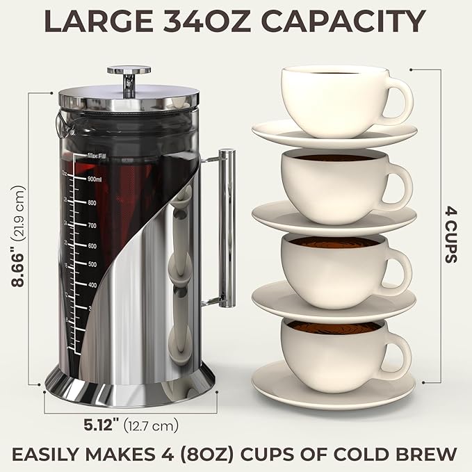 Cafe Du Chateau Stainless Steel French Press Coffee Maker - 34oz Insulated Coffee Press with 4-Level Filtration, BPA Free, Durable Glass, Great for Tea