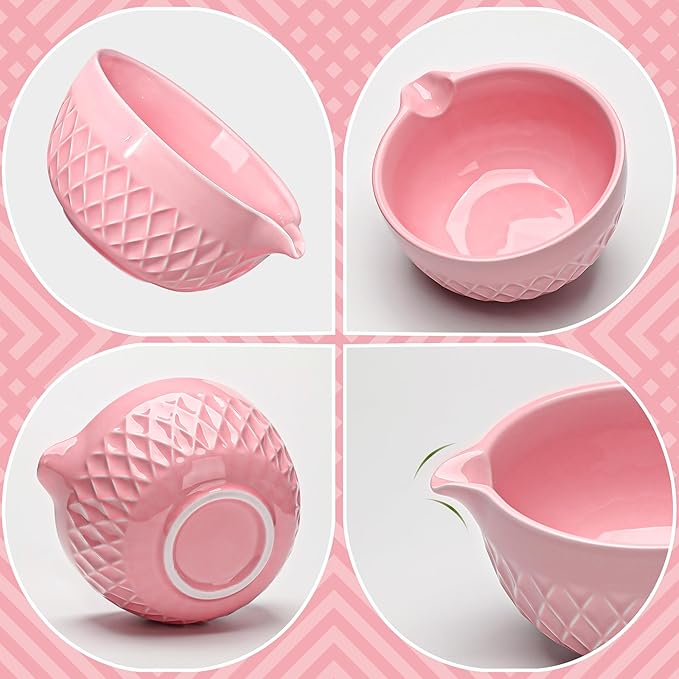 Matcha Whisk Set, 7 Pcs Matcha Kit, Ceramic Matcha Set Includes Matcha Bowl with Spout, Matcha Whisk and Holder, Bamboo Scoop, Scoop Rest, Sifter and Tea Towel (Cherry Blossom Pink)