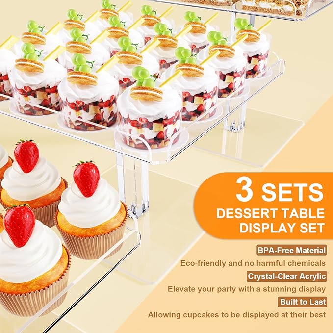 3 Piece Cupcake Stand, Acrylic Dessert Table Display Set, Clear Square Serving Trays for Birthday, Wedding, Baby Shower