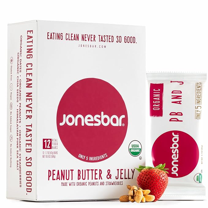JONESBAR Organic Plant Based Protein Bars | Peanut Butter and Jelly | Fruit & Nut Bar, Kosher, Gluten Free, Breakfast Bars, School Snacks, Vegan Snack & Healthy Snacks for Adults and Kids (Pack of 12)