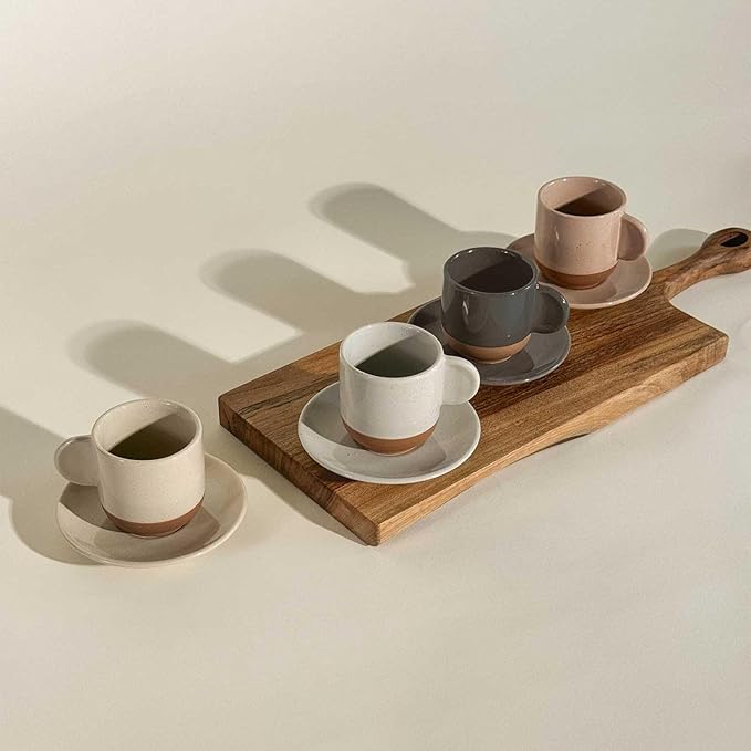 Mora Ceramic Mini Espresso Cups Set of 4, 3oz - Tiny Italian Inspired Mugs With Saucers For Small Shots of Coffee - Modern Boho Style For Any Kitchen or Cafe. Microwave Safe Porcelain - Asstd Neutrals