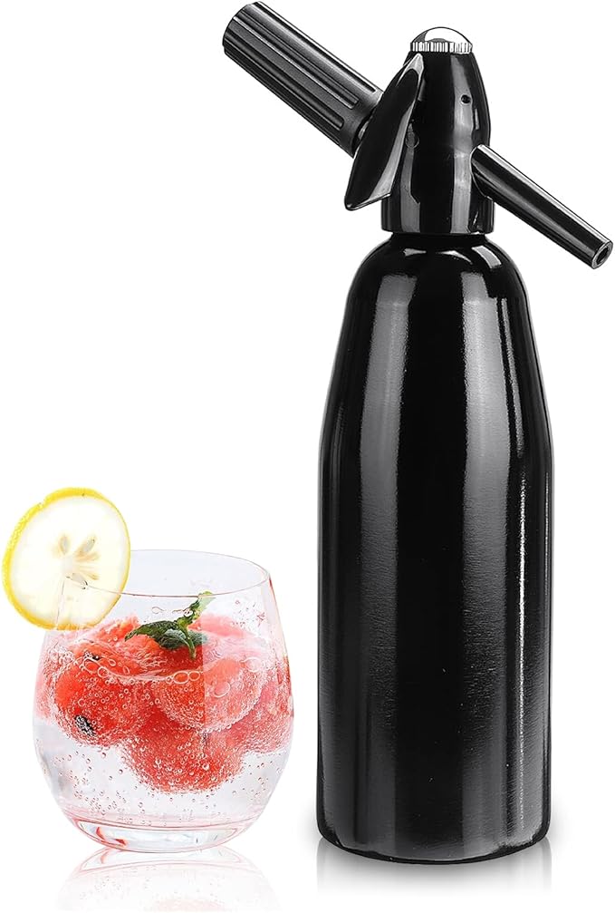 1L Portable Home Soda Maker – Aluminum Soda Siphon, Vintage Seltzer Bottle for DIY Homemade Carbonated Drinks, Sparkling Water Maker for Healthy Soda Water & Cocktails (Black)