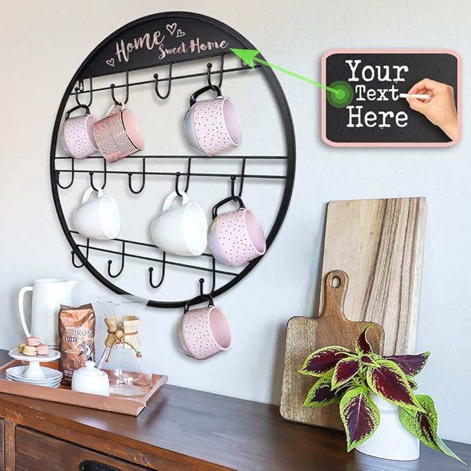 AJART Coffee Bar Decor Mug Holder: 22" Round Square Coffee Cup Rack for Home Kitchen Office Dining Room Cafe Bar