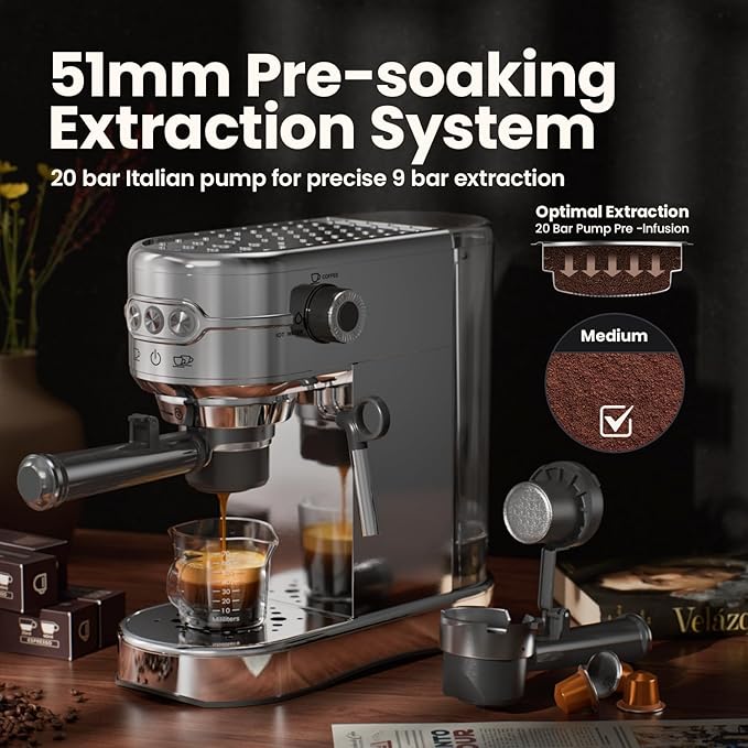 Espresso Machine - 20Bar Coffee Maker with Foaming Steam Wand: 1450W Compatible for Original Capsule & Ground, Single-Serve Espresso Maker with 35Oz Removable Water Tank for Latte, Kitchen