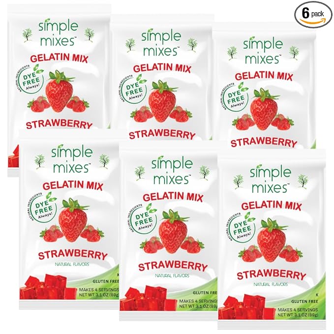 Simple Mixes Natural Gelatin Dessert, Strawberry, Healthy Snack, Dye-Free, No Gluten or Fat, Kosher, 6 Pack