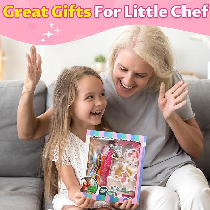 Kids Cooking Baking Set , Kids Kitchen Pretend Play Toys, Children Chef Role Play Costume Set - Chef Hat and Matching Pink Apron, Birthday Xmas Gifts for 3-8 Year Old Girls Toys