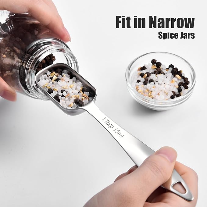 18/8 Stainless Steel Measuring Spoons: Doosu Heavy Duty Rectangular Spoon Square Teaspoon Tablespoon Scoop with Slim Long Handle in Narrow Spice Jar for Kitchen Baking Cooking (Set of 7 with Leveler)