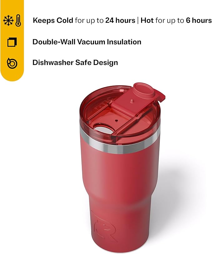 RTIC 20oz Essential Tumbler with Lid, Insulated, Stainless Steel, Metal, Double Wall Vacuum-Insulation, Ceramic Lined, Travel Cup for Iced Coffee, Tea, Hot and Cold Drink, Flag Red