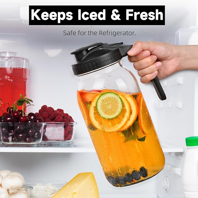 3 Pack 64oz Glass Mason Jar Pitcher with Airtight Lid and Handle – Wide Mouth, Leak-Proof, Ideal for Sun Tea, Cold Brew, Lemonade, Iced Coffee, Milk, and Water