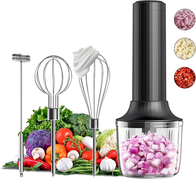 Electric Hand Mixer with MixgoII, Handheld Mixer Electric Whisk, Rechargeable Cordless Handheld Mixer & Milk Frother, Small Food Chopper for Dicing, Mincing, and Puree, 4-Speed, 10Oz