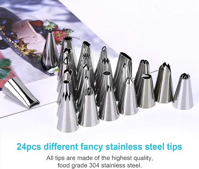 40PCS Piping Bags and Tips Set 12 Inch Pastry Bags Cakes Decorating Kit Supplies, 10 Icing Bags Disposable with 1 Reusable Piping Bags, 24 Frosting Tips, 2 Couplers, 1 Storage Box