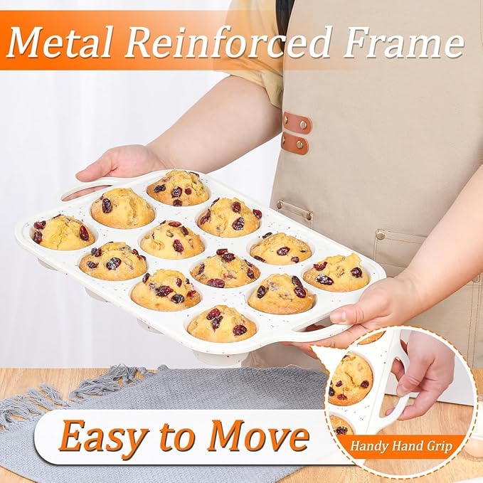 Silicone Muffin Pan, Metal Reinforced Frame Regular Size 2.8 Inch Cupcake Pan with Handle 12 Cups Nonstick Muffin Tray for Baking BPA Free 1 Pack Confetti