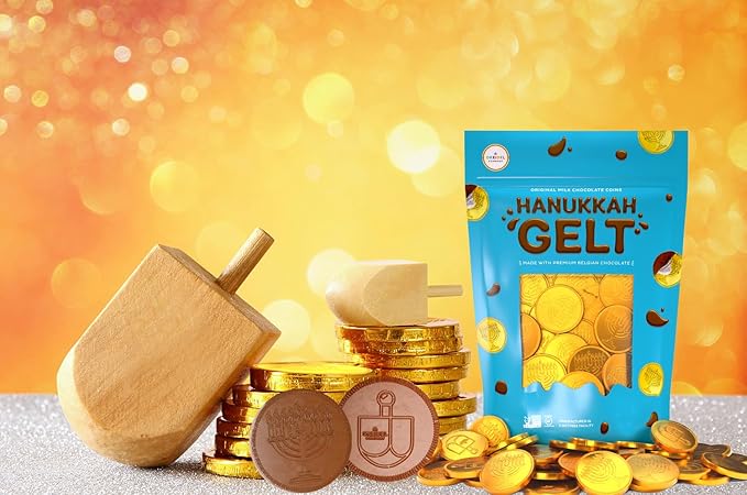 The Dreidel Company 100-Pack Chocolate Coins, Hanukkah Gelt, Gold Coins,With Dreidel and Menorah Designs Made with Belgian Ingredients, Gluten Free, Non GMO, Nut-Free, Kosher Certified