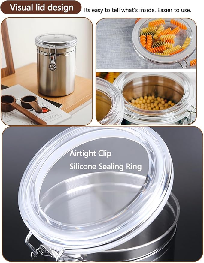 Stainless Steel Food Container with Clear Lids Airtight Container Stackable Small Canisters Kitchen Pantry Storage for Cereal, Snacks, Candy, Herbs, Spices, Sugar, Tea (1.8L Silver-2)