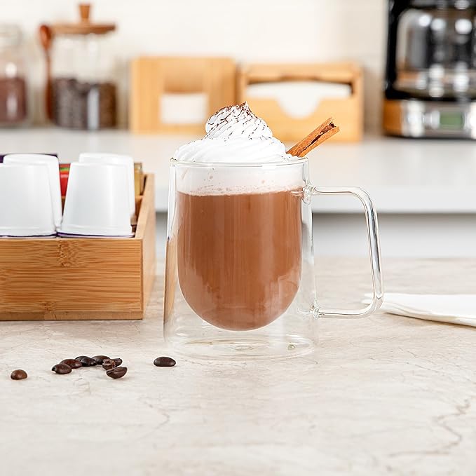 Restaurantware-Forma Professional 10.2 Ounce Double Wall Coffee Mugs, 2 Insulated Coffee Mugs With Handle - Dishwashable, Reusable, Clear Glass Beverage Cups, Freezable, For Hot Or Cold Beverages