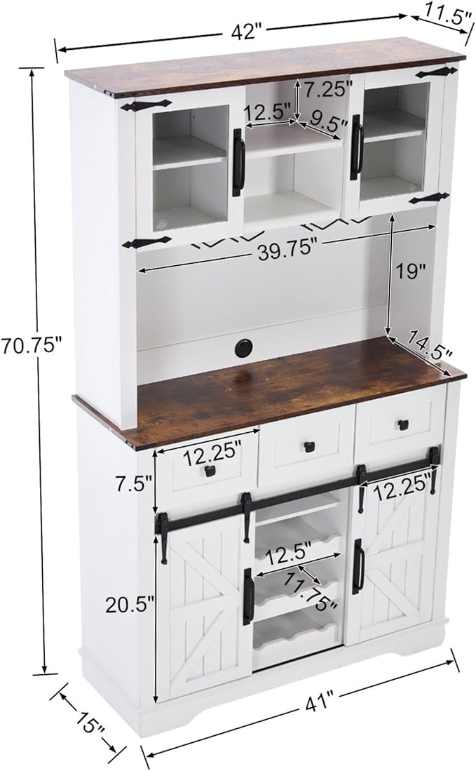 Coffee Bar Cabinet with Sliding Barn Doors 71'' Farmhouse White Pantry Cabinet with Drawers & Wine Glass Rack Rustic Buffet Cabinet for Kitchen, Brown