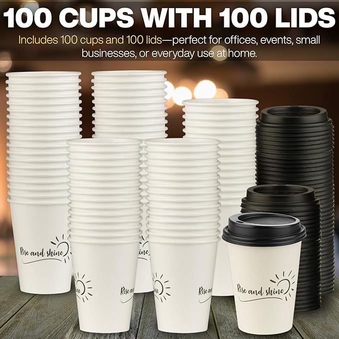 Smygoods Disposable Coffee Cups with Lids, To Go Paper Hot Cups, Rise and Shine Design (12 OZ, 100 Count) For Hot Beverages, Coffee, Tea, Espresso, Cocoa - Vasos Para Cafe