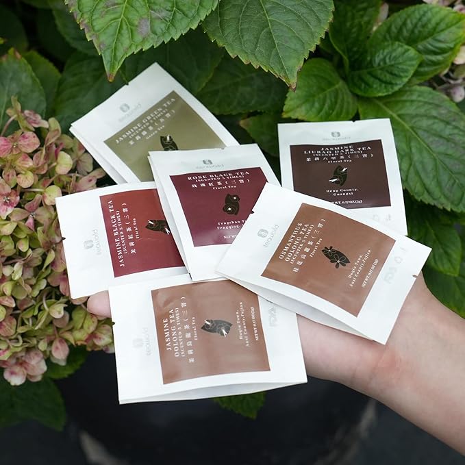 iTeaworld Chinese Flower Tea Sampler - 6 Flavor Mixed Pack (Jasmine Black/Green/Tieguanyin/Liu Bao Tea, Osmanthus Tieguanyin, Rose Black Tea), Assorted Tea, 20 Individual Small Packages, 3.53oz