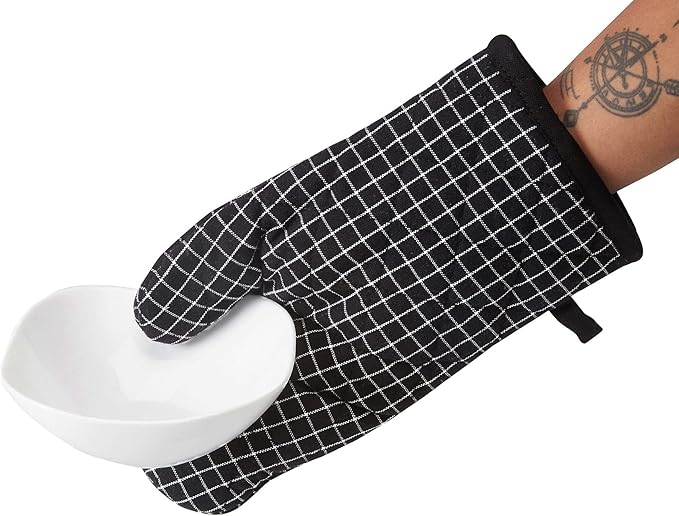 Encasa Homes Long 12" Oven Microwave Hand Gloves Mitts (2 pc Set) for Kitchen Cooking & Baking - Heat Resistant, Thick & Safe, Protection of Hands from Hot Utensils - Butcher Checks Black