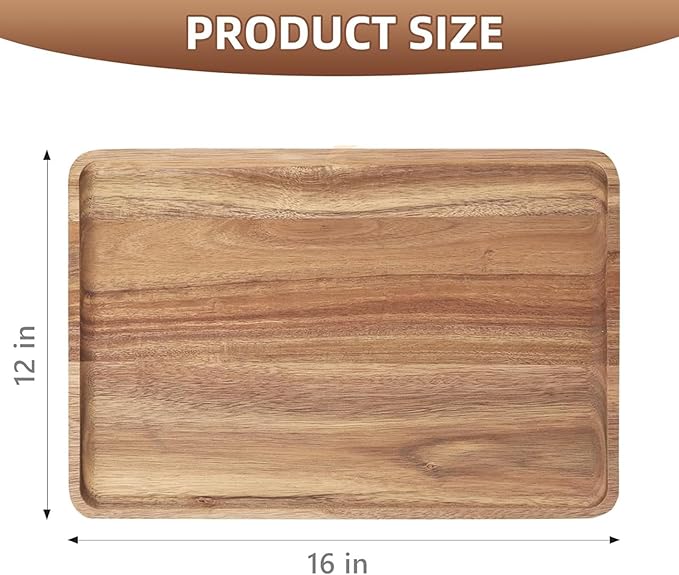 2 PCS 16 x 12 in Large Solid Acacia Wood Serving Trays Rectangular Wooden Serving Platters Natural Wooden Boards for Bar Coffee Party（Wood Log Color）