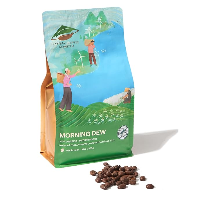 Conihat Whole Bean Coffee - 100% Vietnamese Premium Arabica, Medium Roast, Fruity, Caramel & Hazelnut Notes, Rich & Smooth, Low Acid, Single Origin, Hand-Picked,16 Oz Bag