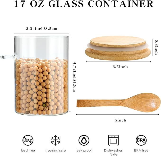 4 Pack Overnight Oats Glass Containers with Lids and Spoons, 17 OZ Glass Jars with Spoons and Lids for Loose Tea, Meal Prep Jars with Bamboo Cover for Chia Pudding, Yogurt