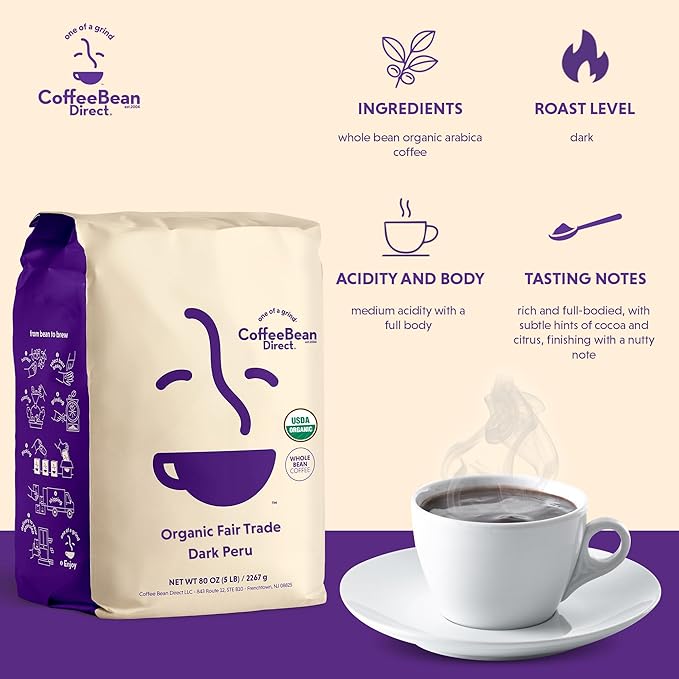 Coffee Bean Direct Organic Fair Trade Dark Peru, Whole Bean Coffee, Dark Roast, 5 Pound Bag (Pack of 1)