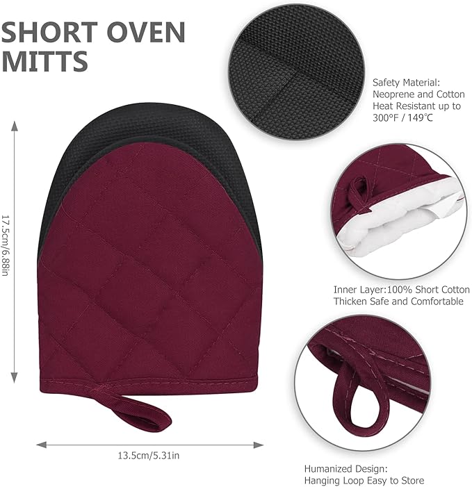 Qulable 1 Pair Short Oven Mitts - Silicone Kitchen Oven Gloves High Heat Resistant 500℉, Mini Oven Mits with Non-Slip Grip Surfaces and Hanging Loop for BBQ, Baking, Cooking and Grilling (Dark Red)