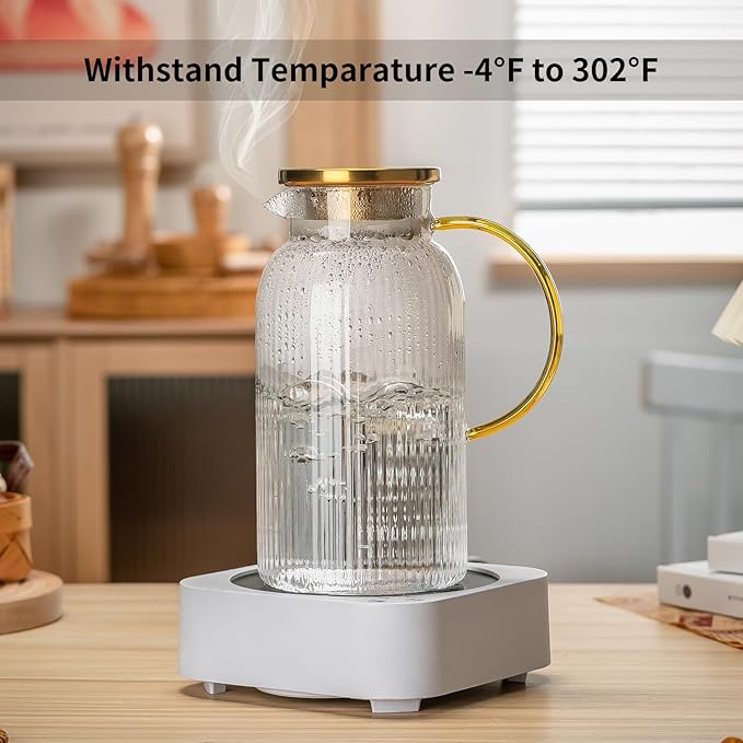 Glass Pitcher with Lid, 84oz/2.5 Liter Classic Vertical Stripes Water Pitcher,Glass Water Carafe for Cold Brew, Coffee, Lemonade, Iced Sun Tea,Beverage, Milk, Heat Resistant