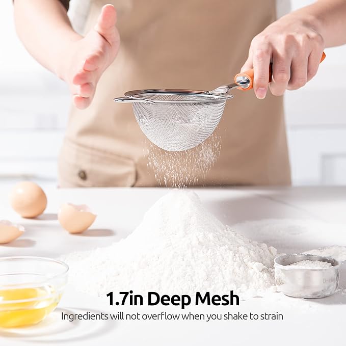 18/8 Stainless Steel Mesh Strainer: U-Taste 3.9 Inch Kitchen Fine Mesh Sieve Food Colander with Riveted Sturdy Silicone Handle and 30 Mesh Hole for Straining Flour, Quinoa, Tea, Juice (Orange)