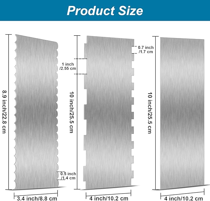 3 Pieces Stainless Steel Cake Scraper 10 Inch and 9 Inch Large Double Sided Patterned Edge Stripe Edge Smoother Scraper Cake Decorating Comb Pastry Cutter for Butter Mousse Cream Decoration