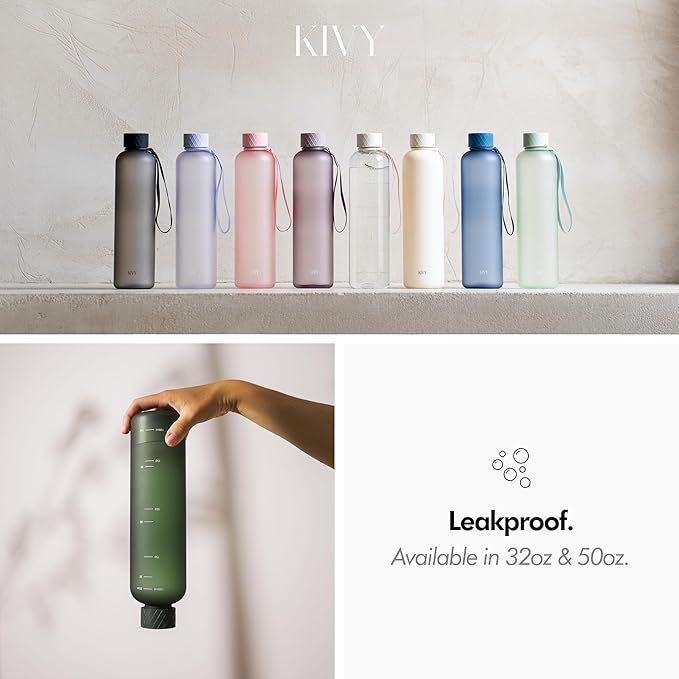 KIVY Slim Water Bottle 32oz [Lightweight & Shatterproof] Fits Backpack & Cupholder for Travel, Sports, School, Gym - Clear water bottle with measurements - Transparent Tritan Black - Dishwasher Safe