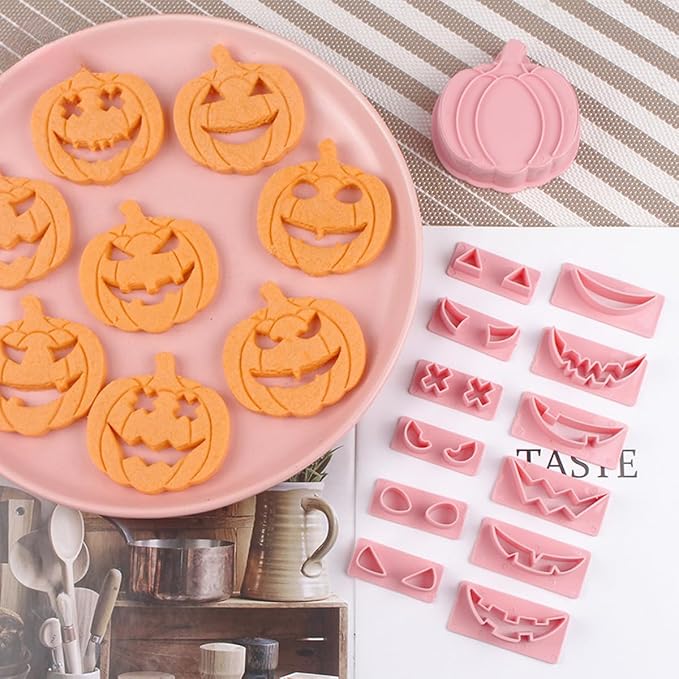 13Pcs Halloween Cookie Cutter Set Pumpkin Face Halloween Cookie Mold Biscuit Mold 3D Hollow Out Pumpkin Cake Baking Fondant Embosser Stamps Halloween Party DIY Cake Decorating Tools (A)