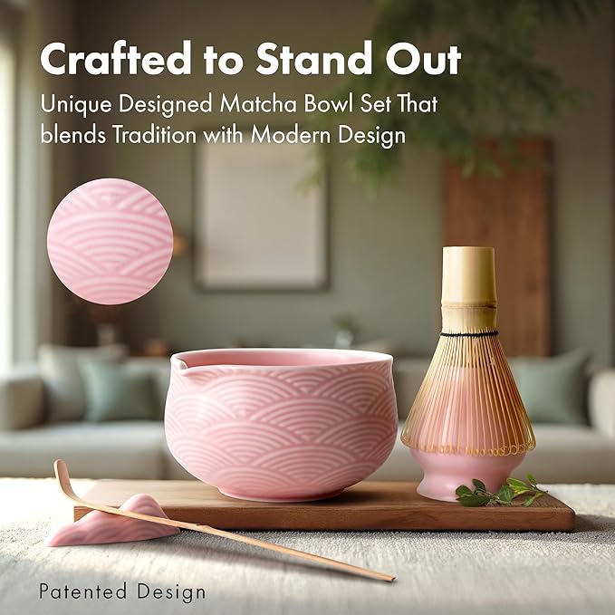Matcha Whisk Set (7 Pcs) - Complete Matcha Set, Matcha Bowl with Spout, Whisk with Holder, Bamboo Scoop with Rest and Sifter, Perfect Kit for Matcha Lovers (Sakura Pink)