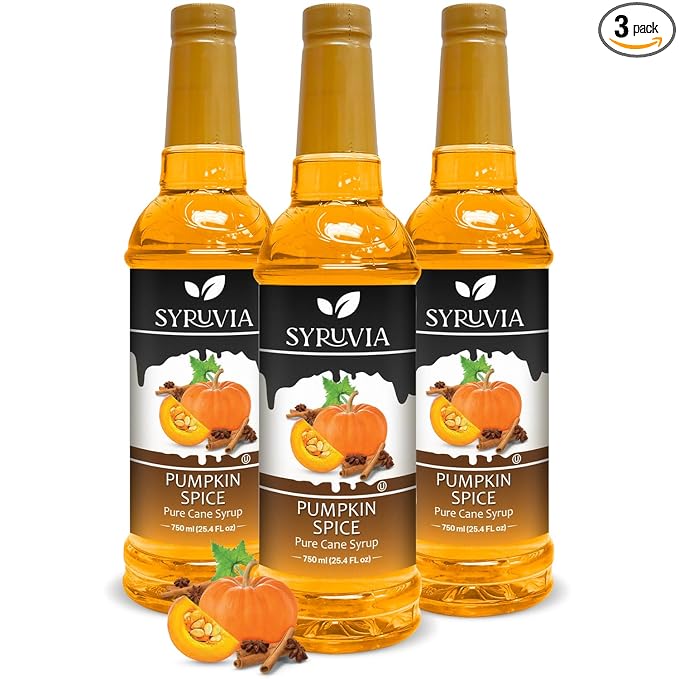 Syruvia Pumpkin Spice Syrup – 25.4 fl oz – Syrup for Coffee, Lattes, Shakes, Smoothies, Desserts – 100% Vegan, Gluten Free, Kosher (Pack of 3)