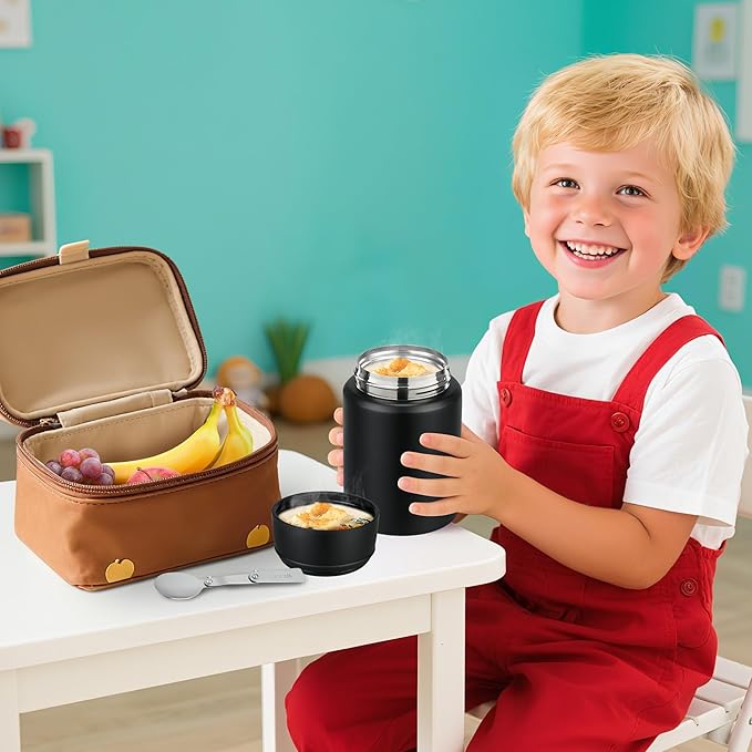 Soup Thermo for Hot Food Kids 16oz Insulated Food Jar Leakproof Thermo Lunch Container for Kids Wide-Mouth Stainless Steel Lunch Box for School with Handle Folding Spoon(3+)